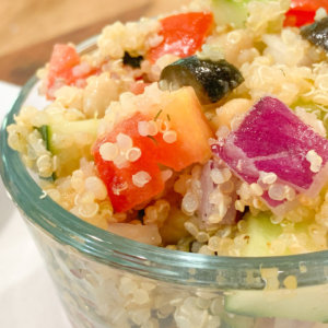 greek quinoa salad closeup