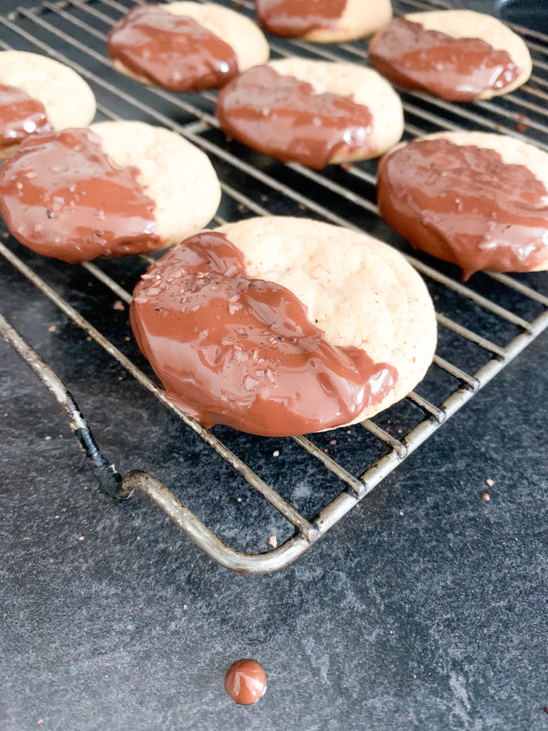 Almond cookies with wet chocolate and a sea salt sprinkle