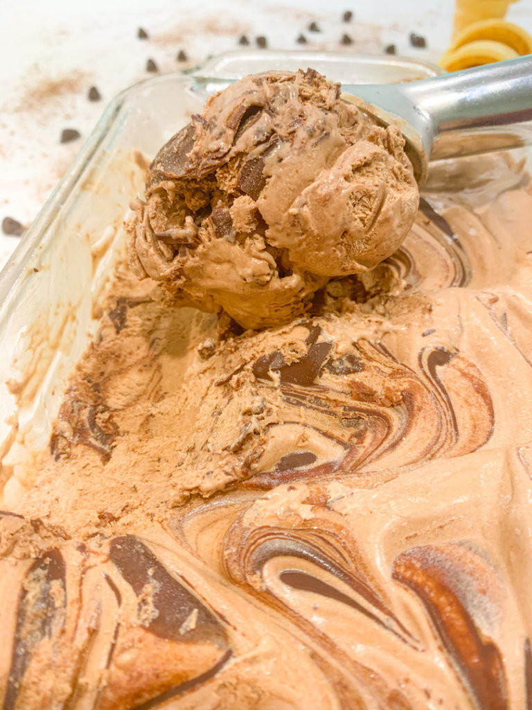 A scoop of super creamy no-churn chocolate ice cream