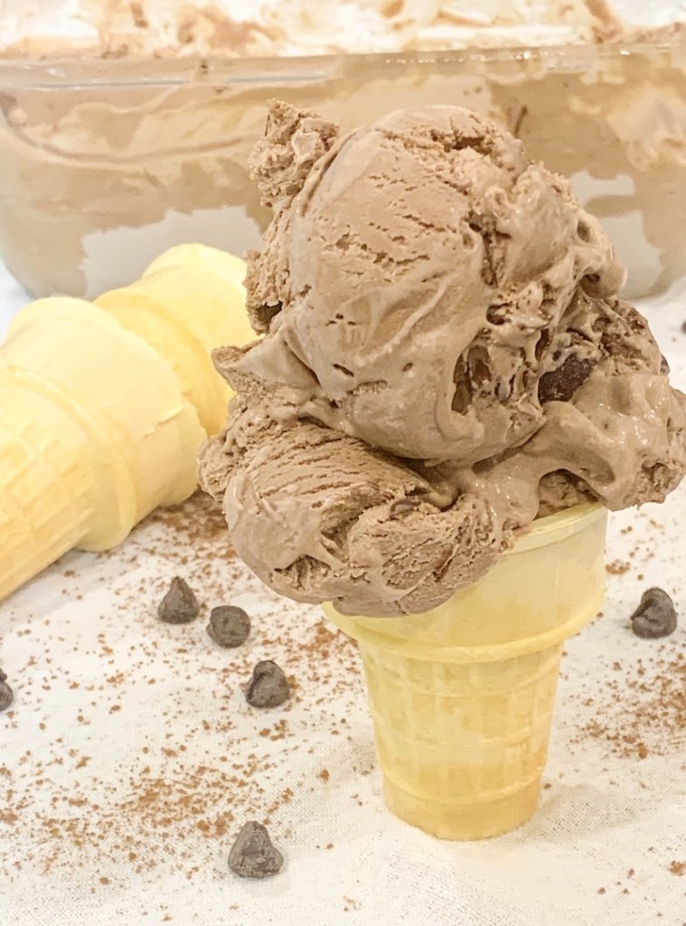 Ice cream cone of no churn chocolate fudge swirl ice cream