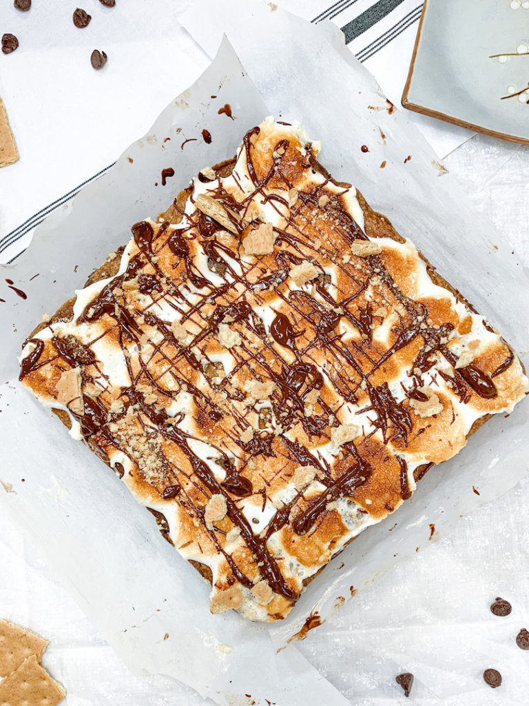 S'mores bars before cutting them up
