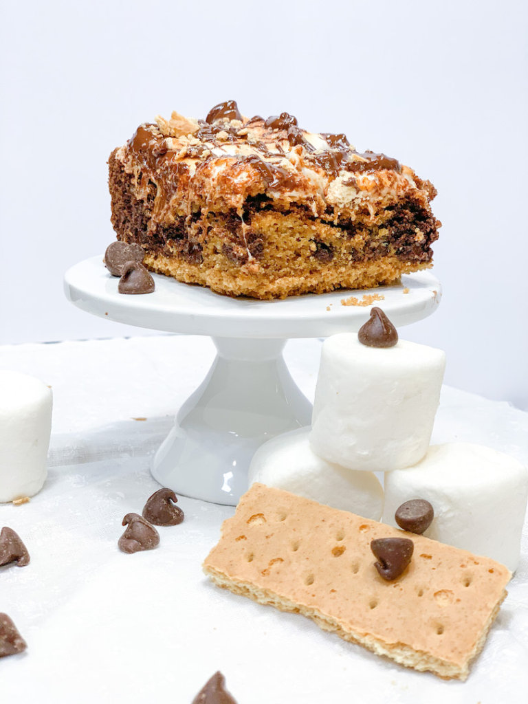 a single s'mores bar on a cake stand with chocolate chips, marshmallows and graham cracker
