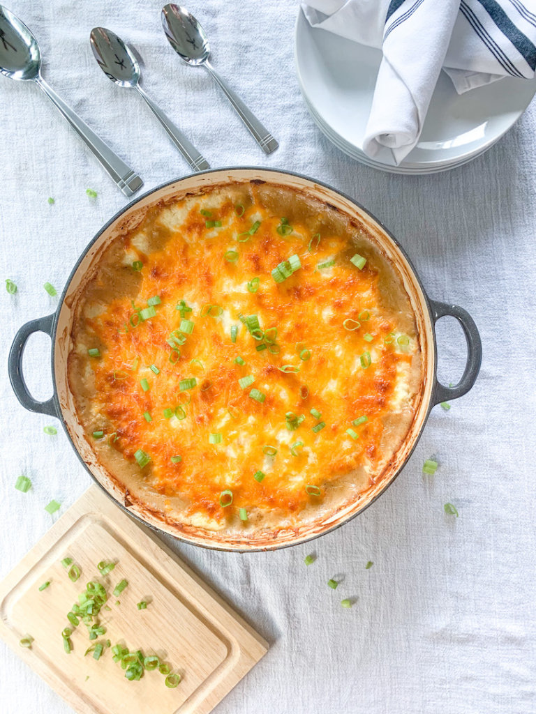 Shepherd's Pie with Mashed Cauliflower and topped with green onion