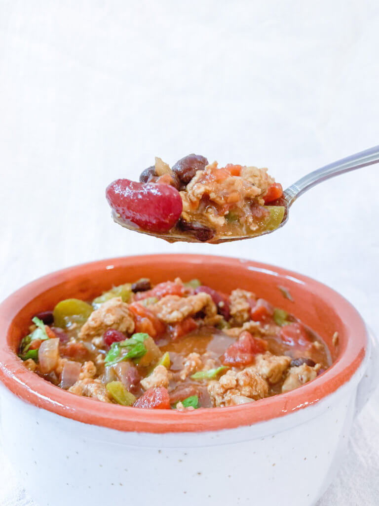 Heaping spoonful of turkey chili