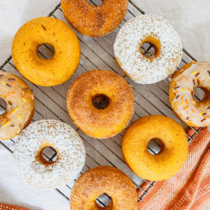 baked pumpkin spice donuts with 4 different topping options