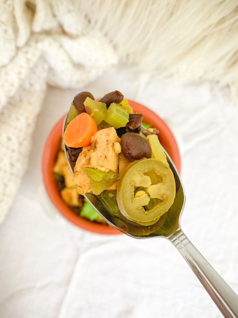 Top view of a spoonful of chicken soup with carrots, celery, black beans, and jalapeno