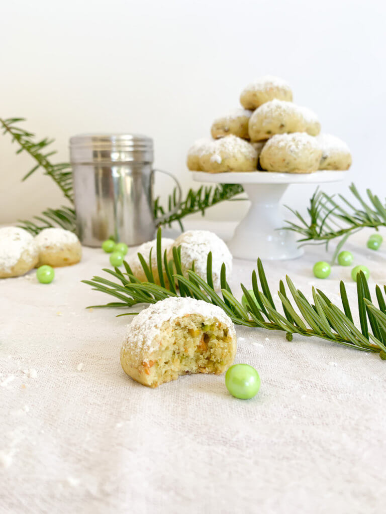 pistachio snowballs, green pearl sprinkles, and yew