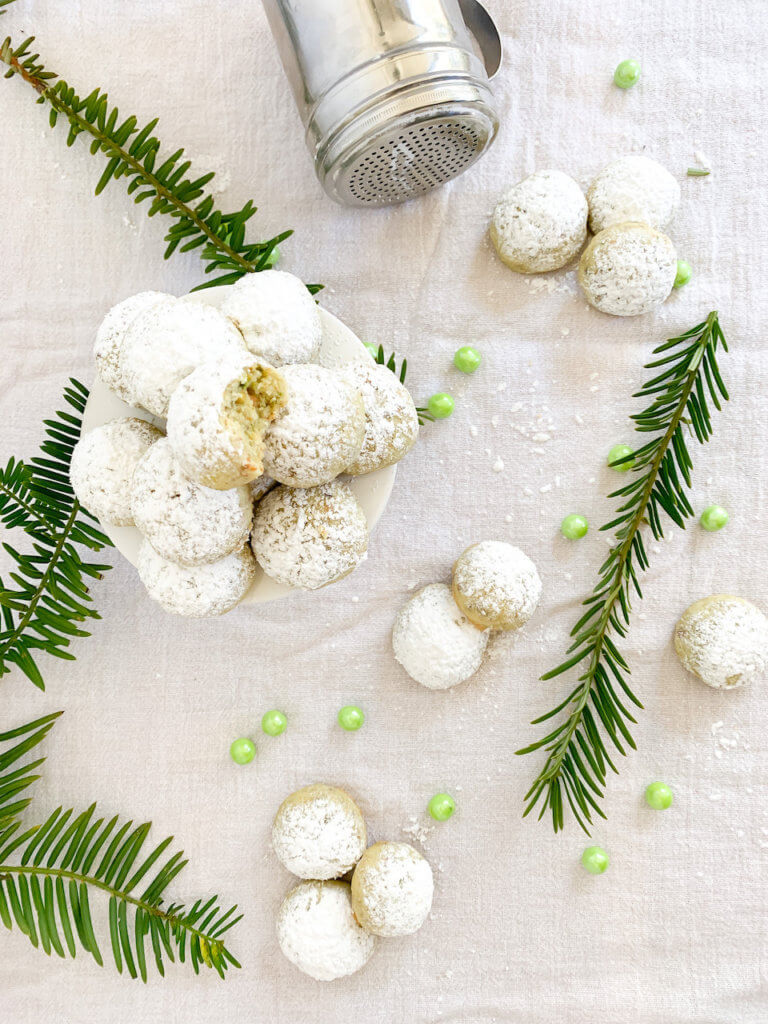 overhead view of pistachio snowballs, yew, and a sugar shaker