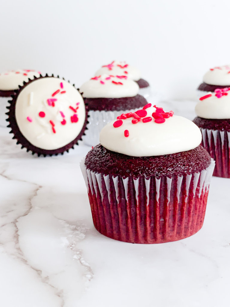red velvet cupcakes on a white countertop
