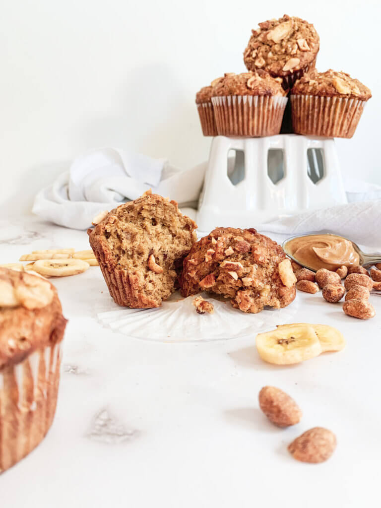 Peanut Butter Banana Muffins on a white counter