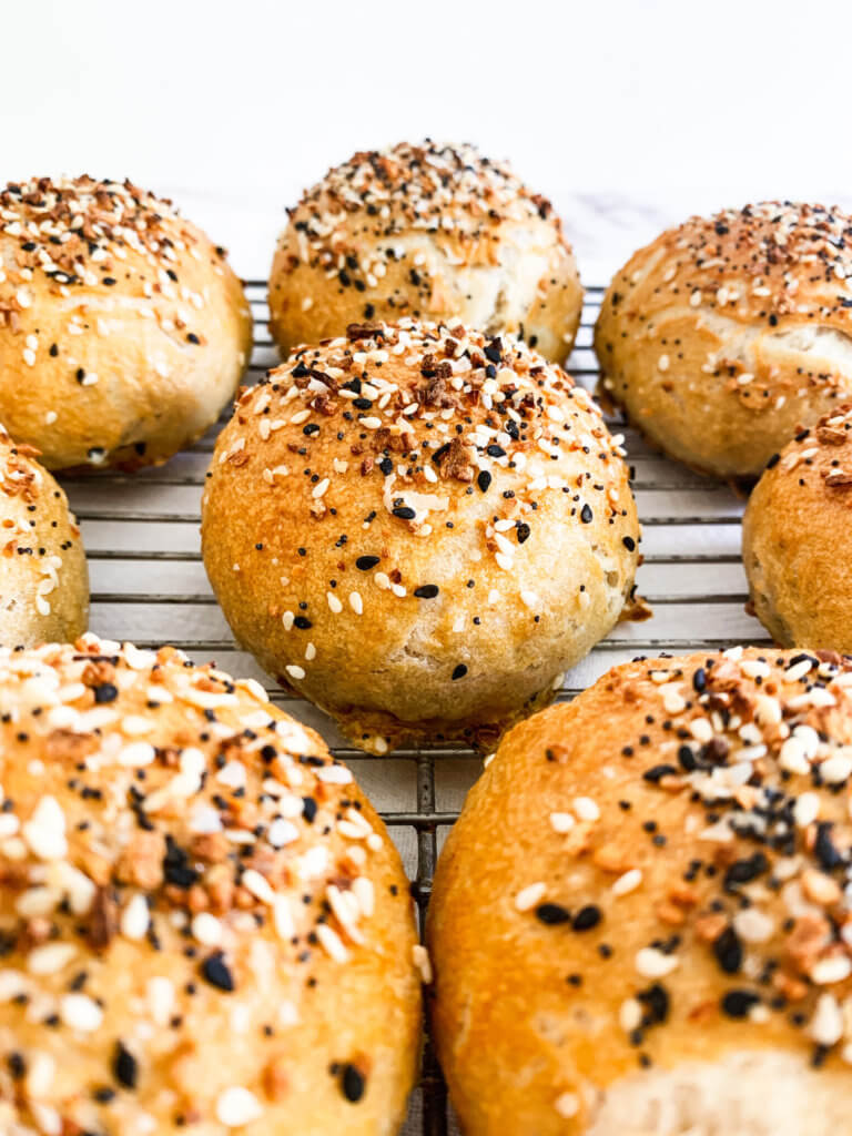 everything bagel seasoned stuffed sourdough bagel bombs filled with salmon, onion, dill and caper cream cheese