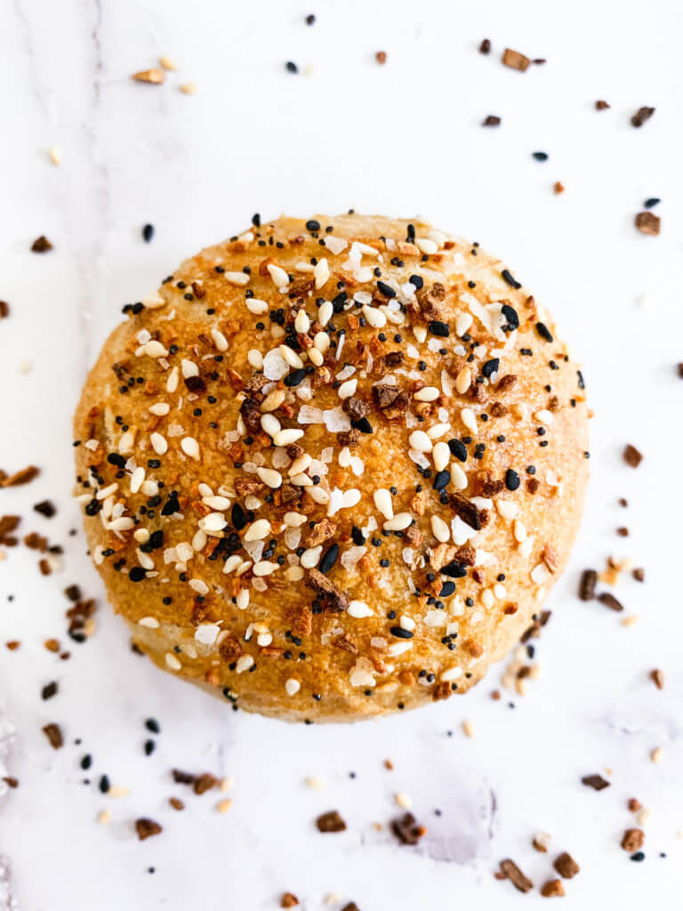Close up of everything seasoning on a sourdough bagel bomb