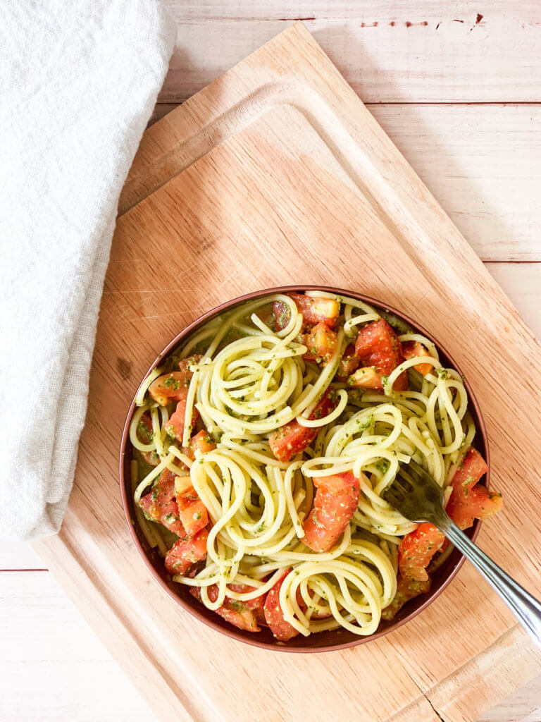 Quick and Easy Carrot Top Pesto Pasta with tomatoes