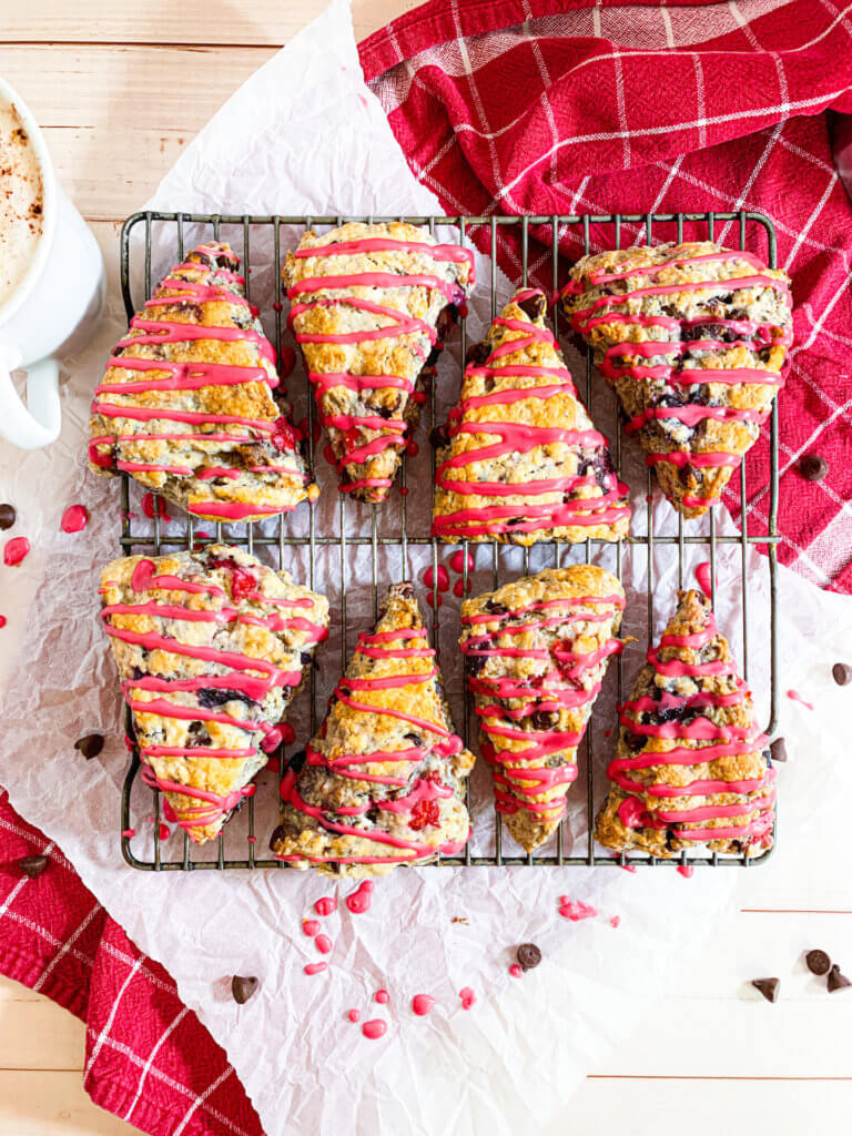 cherry chocolate scones on a wire rack