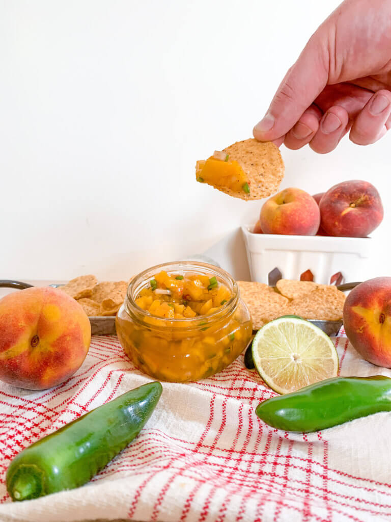 masculine hand holding tortilla chip with spicy peach salsa on it