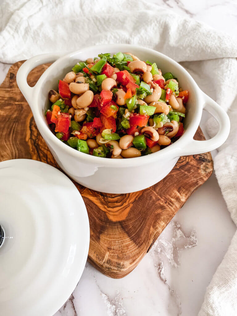black eyed pea salad with red and green bell peppers