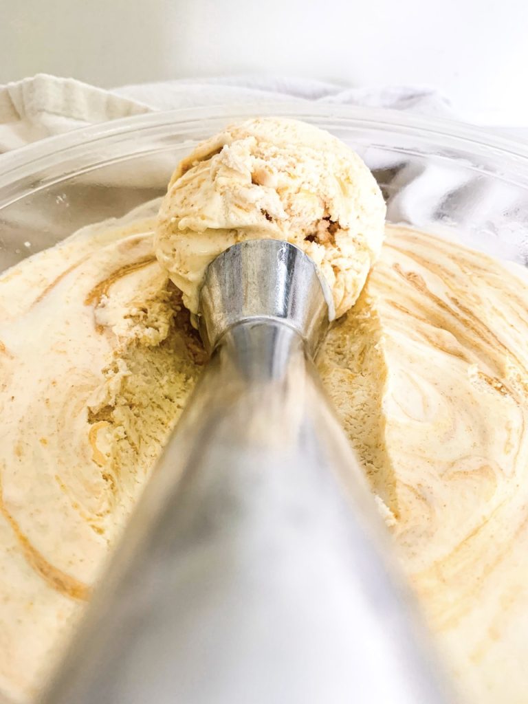 Single scoop of peanut butter swirl ice cream in a silver ice cream scoop angled down the handle