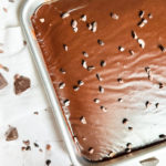 close up of Texas Sheet Cake in a quarter sheet pan with cocoa nibs